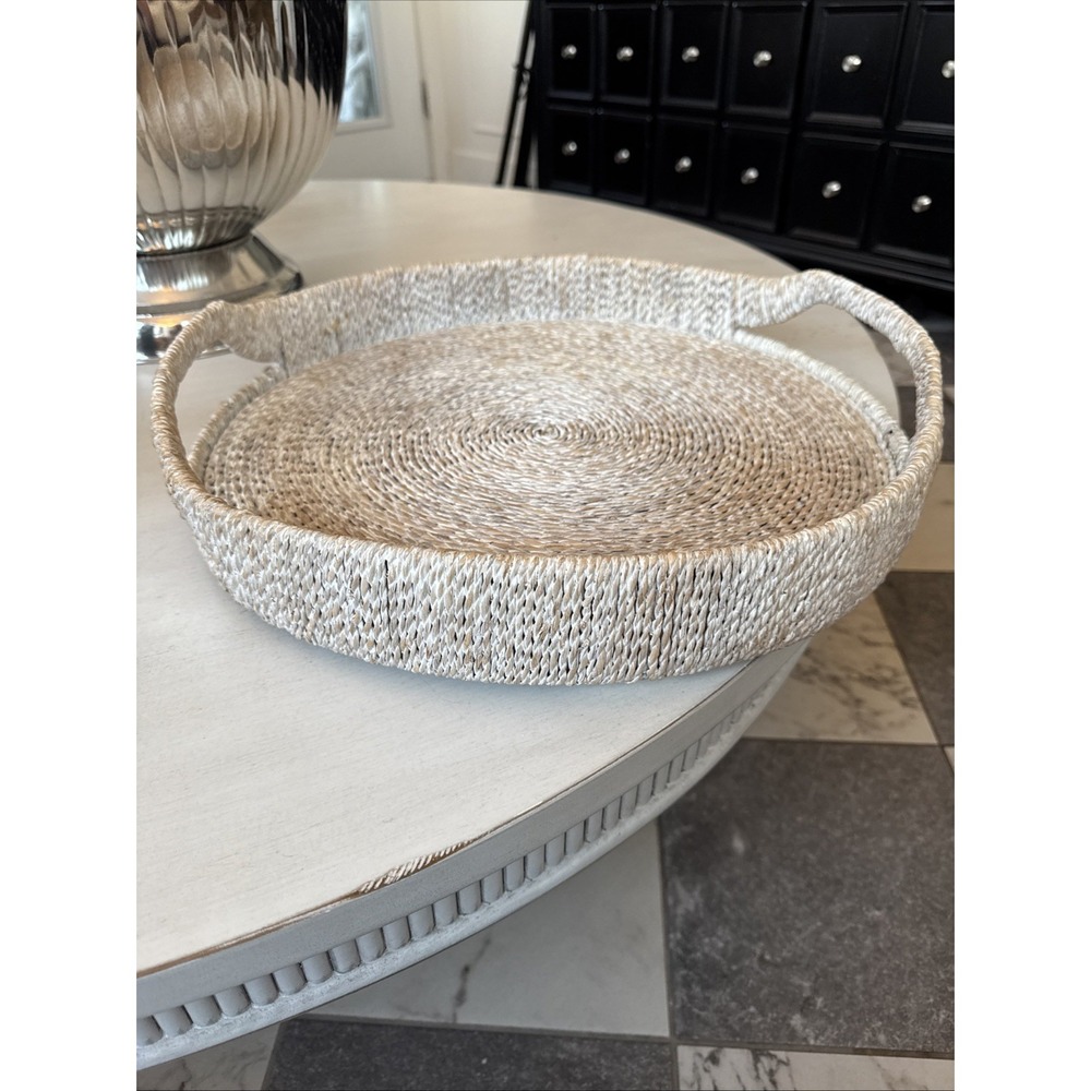 Hand Made Wicker Serving Tray 17.5" Whitewash Unique